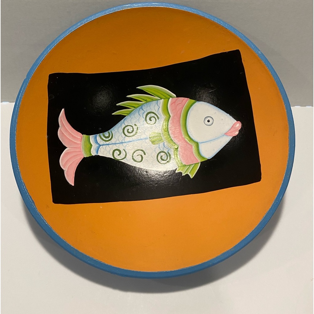 Wooden Hand Painted Fish Centerpiece Serving Bowl 12 "